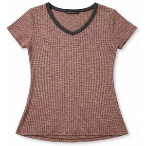 American Dream Women's V-Neck Shirt Medium Short Sleeve Ribbed Knit Top